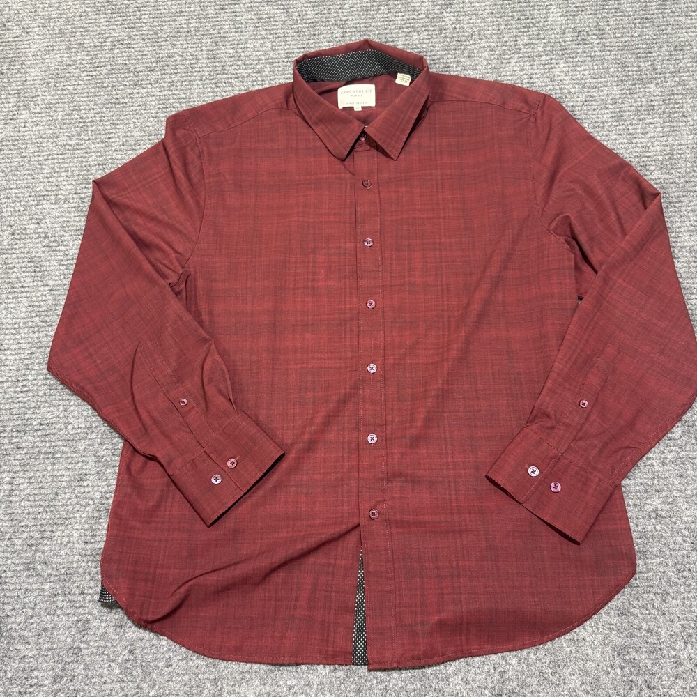 CONSTRUCT Dress Shirt Mens XL Red Plaid Slim Fit Stretch Button Up Long Sleeve